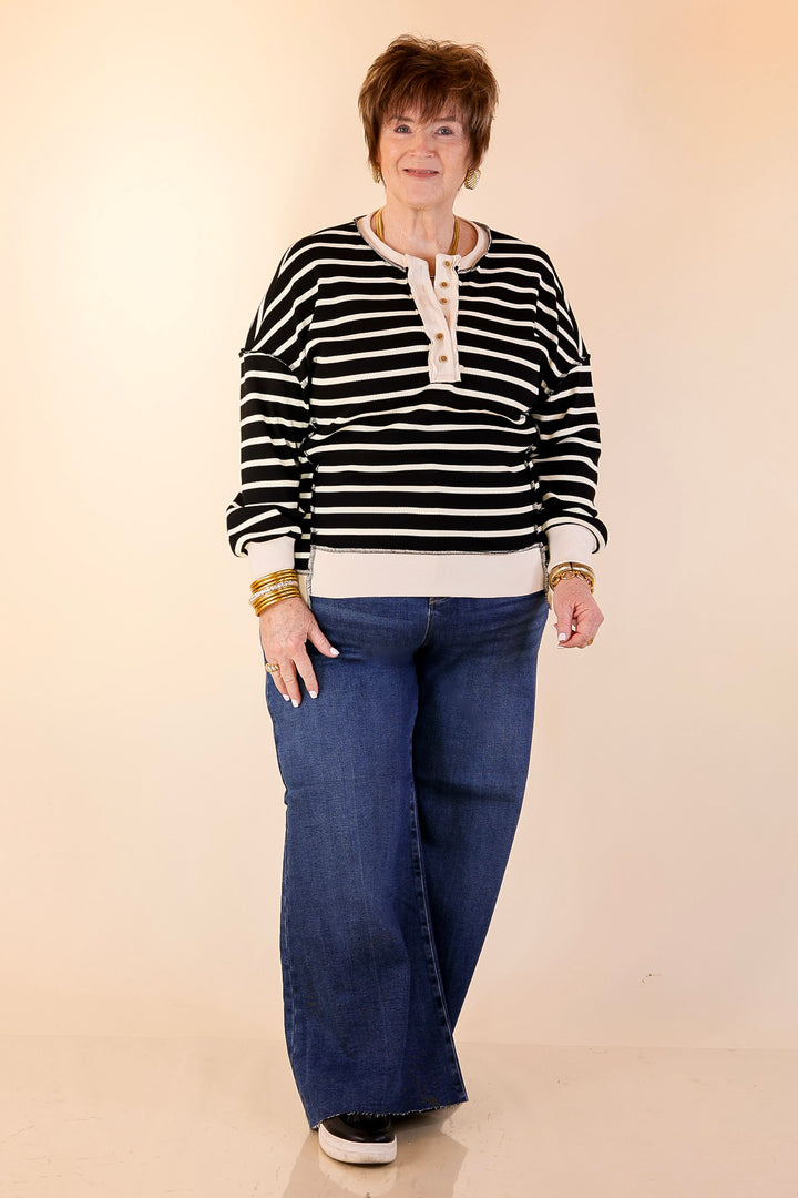 Casual Edge Long Sleeve Striped Henley Knit Top with Dropped Shoulders in Black with Ivory Stripes