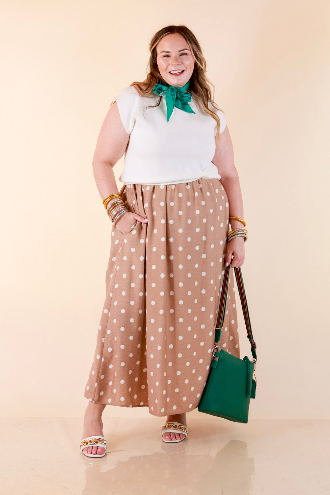 Two Ways to Charm Polka Dot Spaghetti Strap Dress Set with Detachable Ivory Top in Taupe