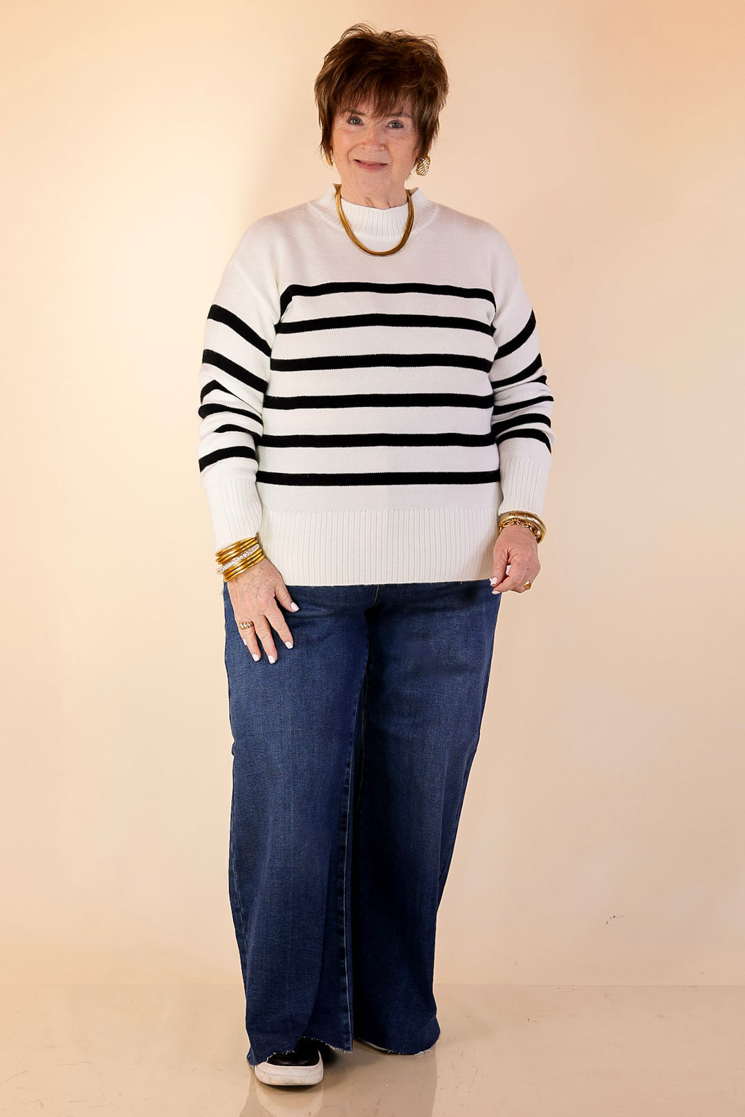 Chilly Day Charm Mock Neck Long Sleeve High-Low Striped Sweater in Ivory with Black Stripes