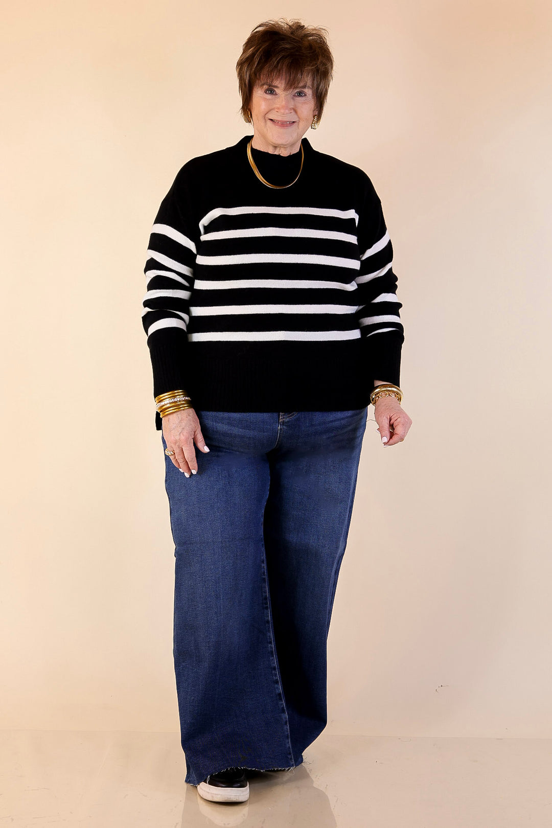 Chilly Day Charm Mock Neck Long Sleeve High-Low Striped Sweater in Black with Ivory Stripes