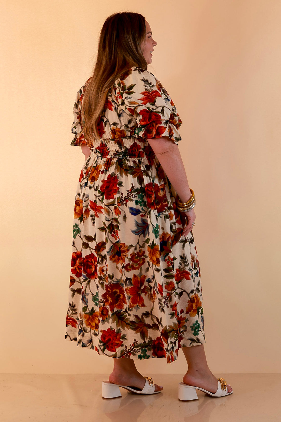 Autumn in the Air Puff Sleeve Smocked Waist Floral Print Tiered Midi Dress in Ivory Multi