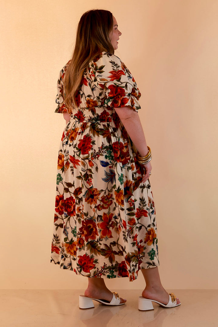 Autumn in the Air Puff Sleeve Smocked Waist Floral Print Tiered Midi Dress in Ivory Multi