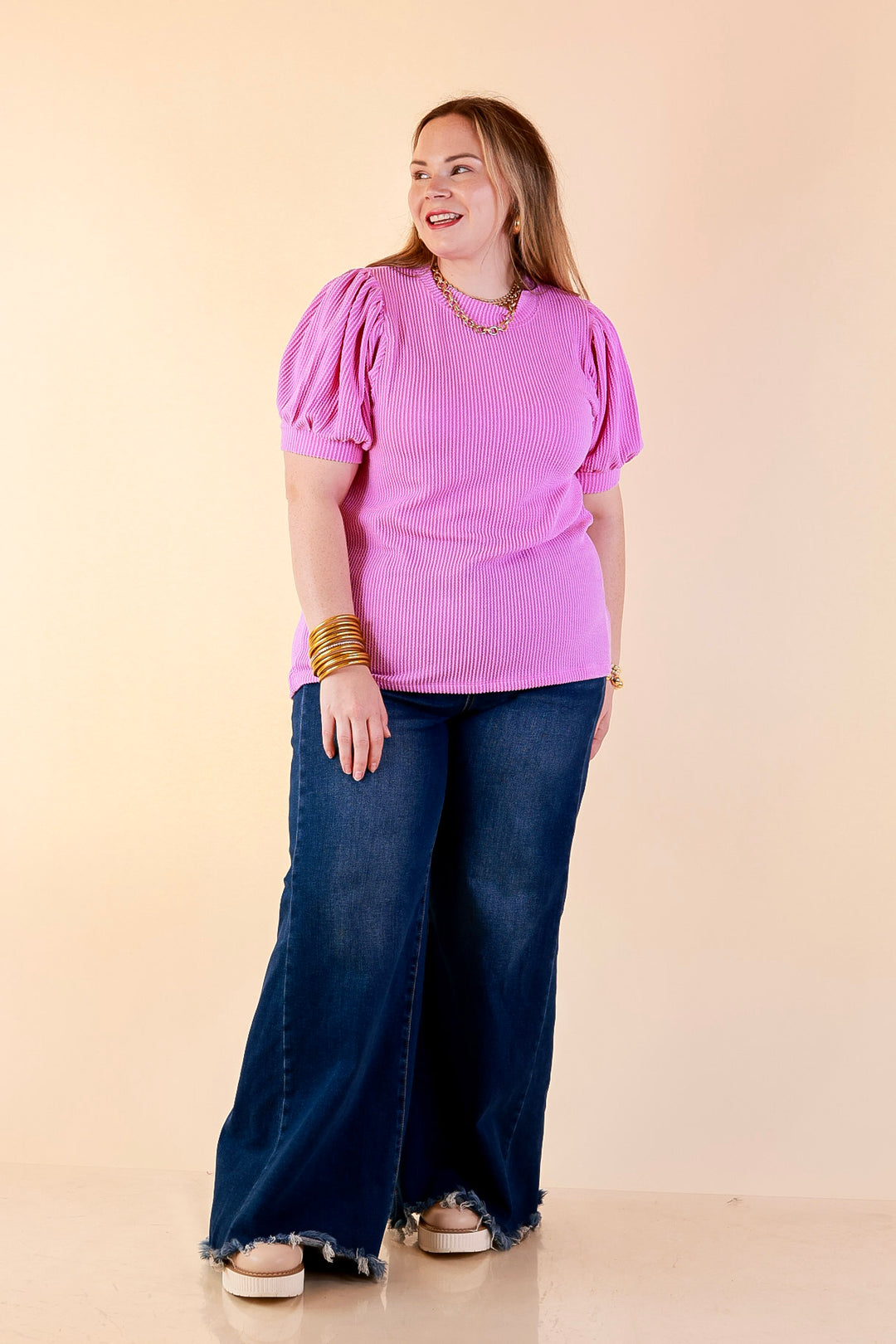 Sweet Sophistication Puff Short Sleeve Ribbed Top with Scoop Neck in Violet Purple