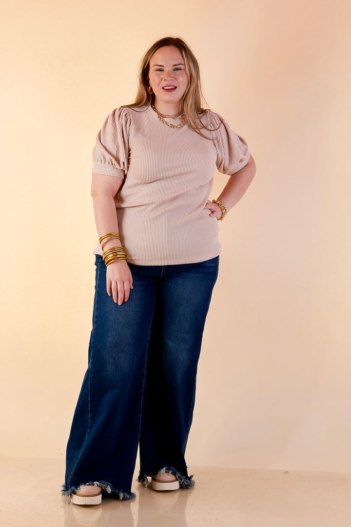 Sweet Sophistication Puff Short Sleeve Ribbed Top with Scoop Neck in Beige