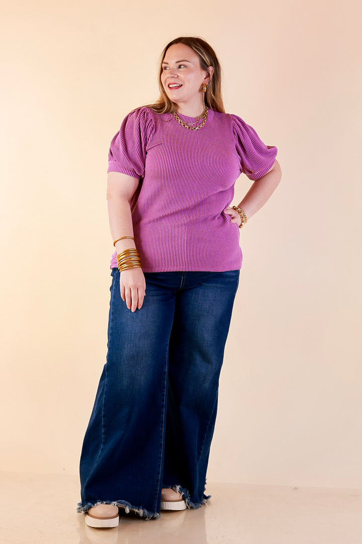 Sweet Sophistication Puff Short Sleeve Ribbed Top with Scoop Neck in Purple