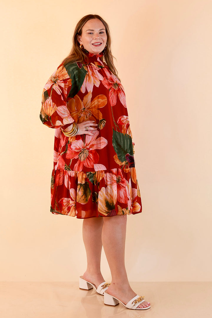 Autumn Romance Ruffle Neck Long Sleeve Floral Peplum Dress in Rust Red Multi