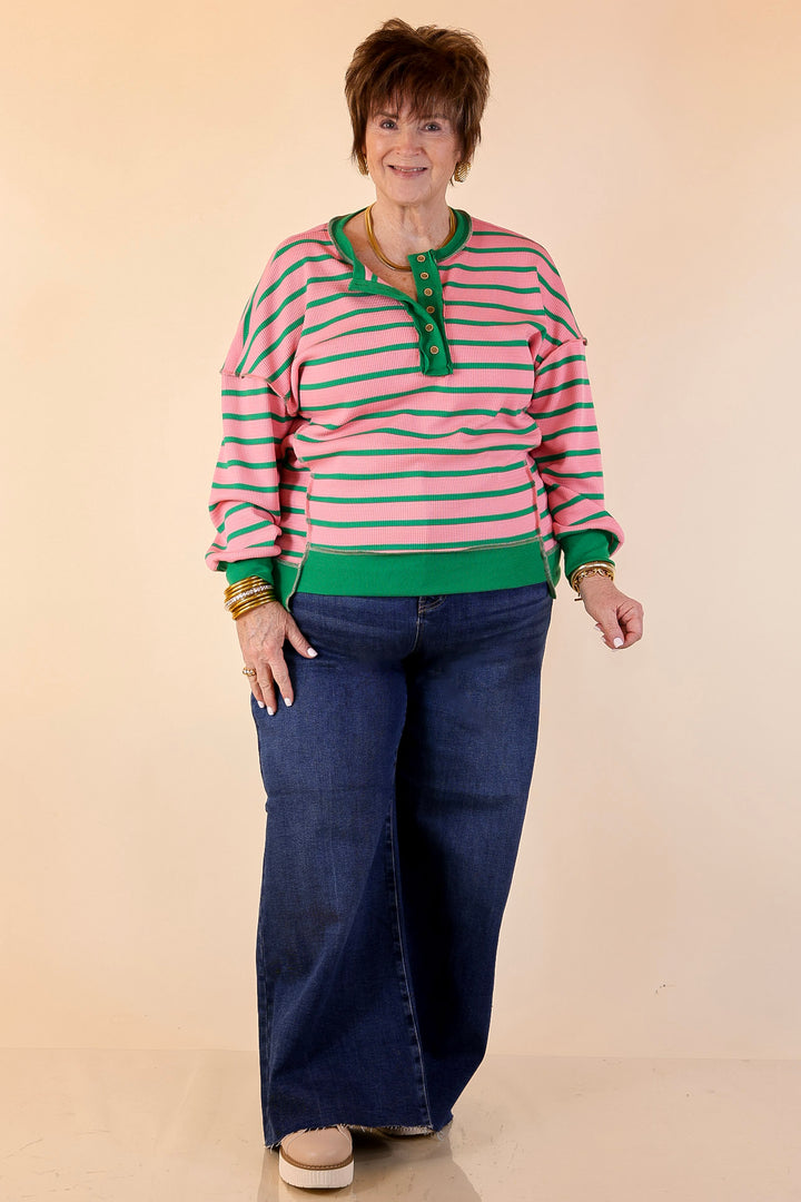 Casual Edge Long Sleeve Striped Henley Knit Top with Dropped Shoulders in Pink with Green Stripes