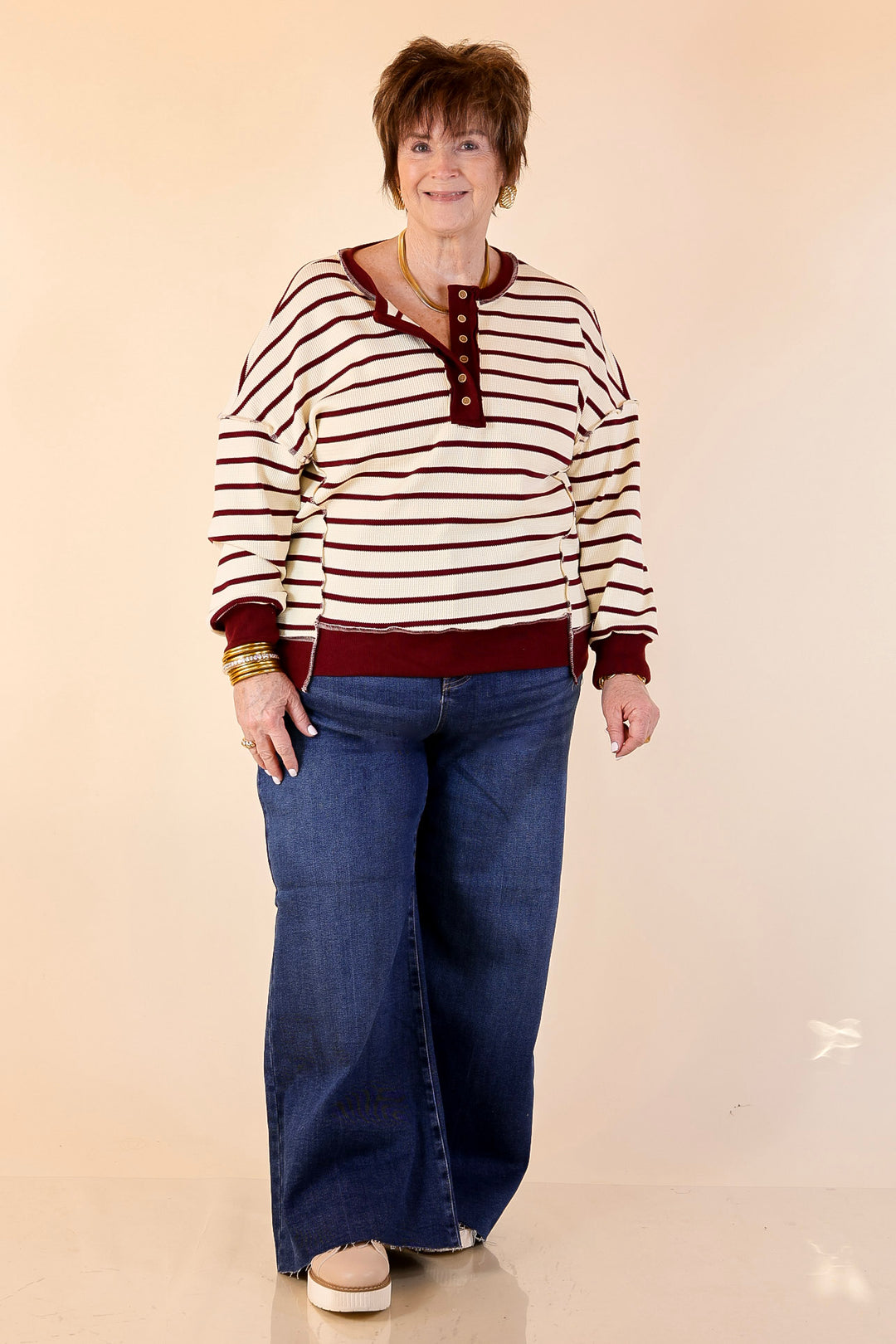 Casual Edge Long Sleeve Striped Henley Knit Top with Dropped Shoulders in Ivory with Maroon Stripes