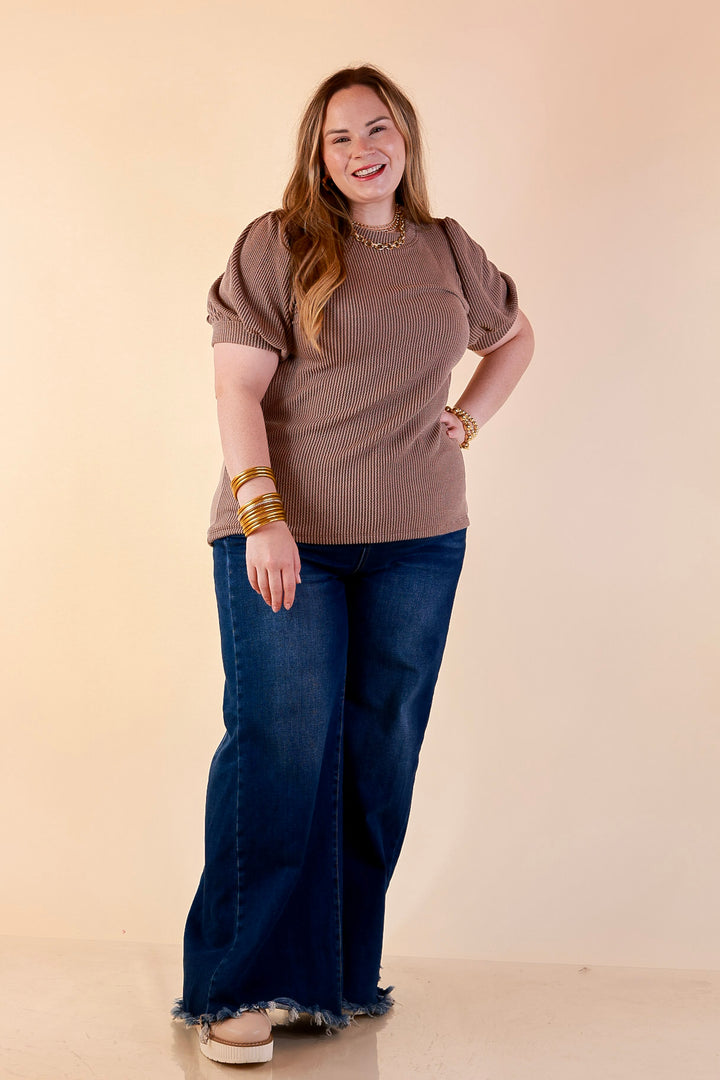 Sweet Sophistication Puff Short Sleeve Ribbed Top with Scoop Neck in Mocha Brown