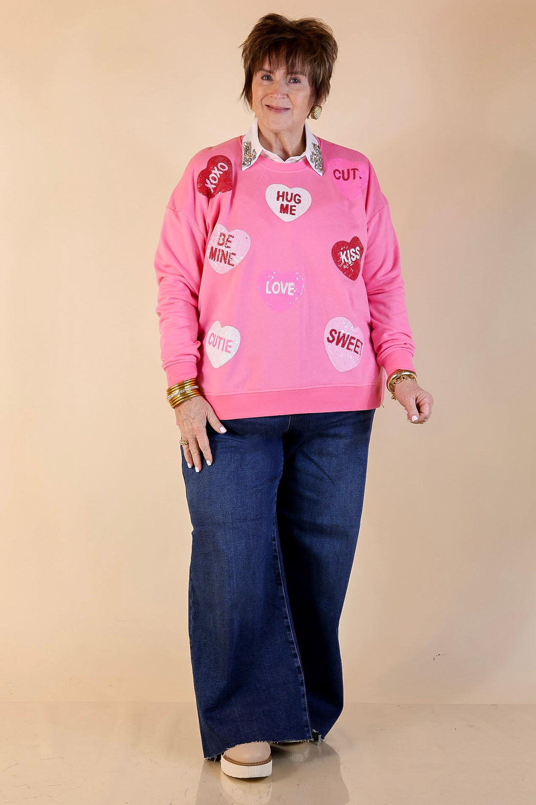Mud Pie | Sweet on Repeat Oversized Sequin Conversation Hearts Graphic Sweatshirt in Pink