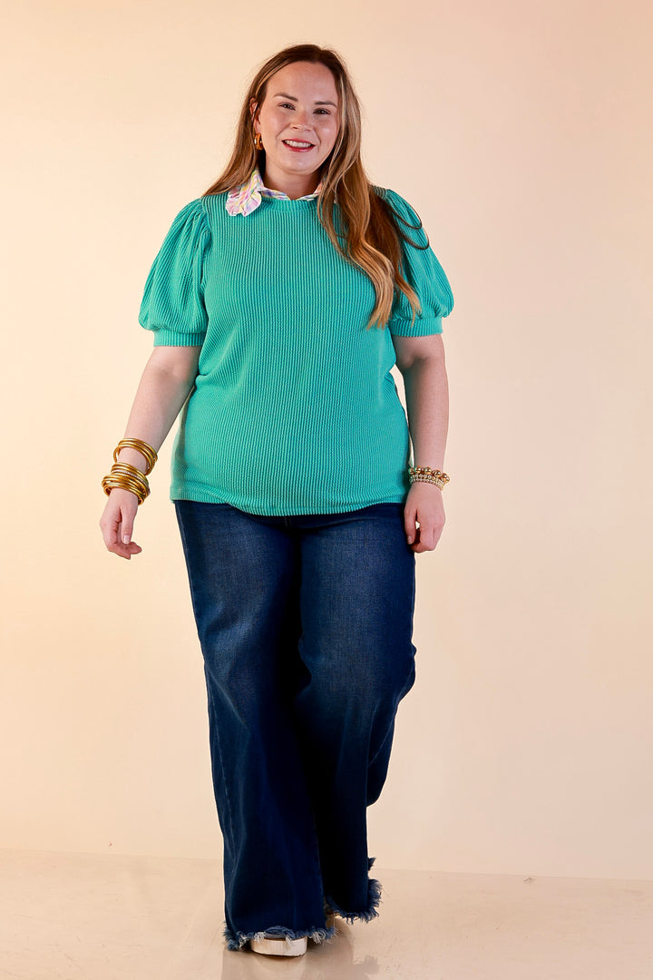Sweet Sophistication Puff Short Sleeve Ribbed Top with Scoop Neck in Turquoise Blue