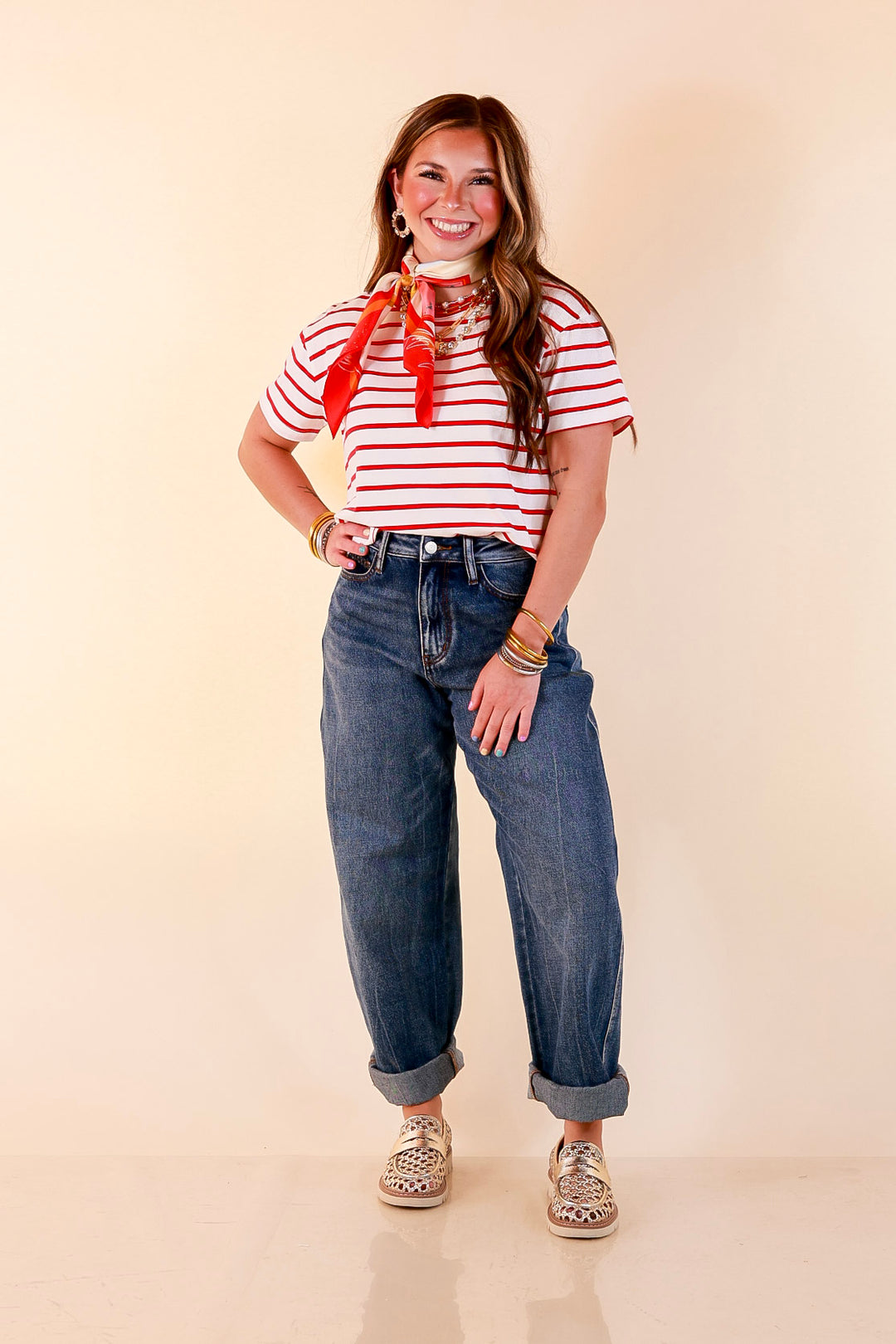 The Daily Stripe Scoop Neck Short Sleeve Striped Tee Top in Red