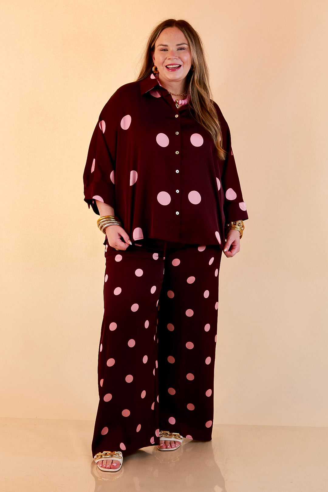 Two of a Kind Full Length Wide Leg Pull-On Drawstring Blush Pink Polka Dot Pants in Maroon