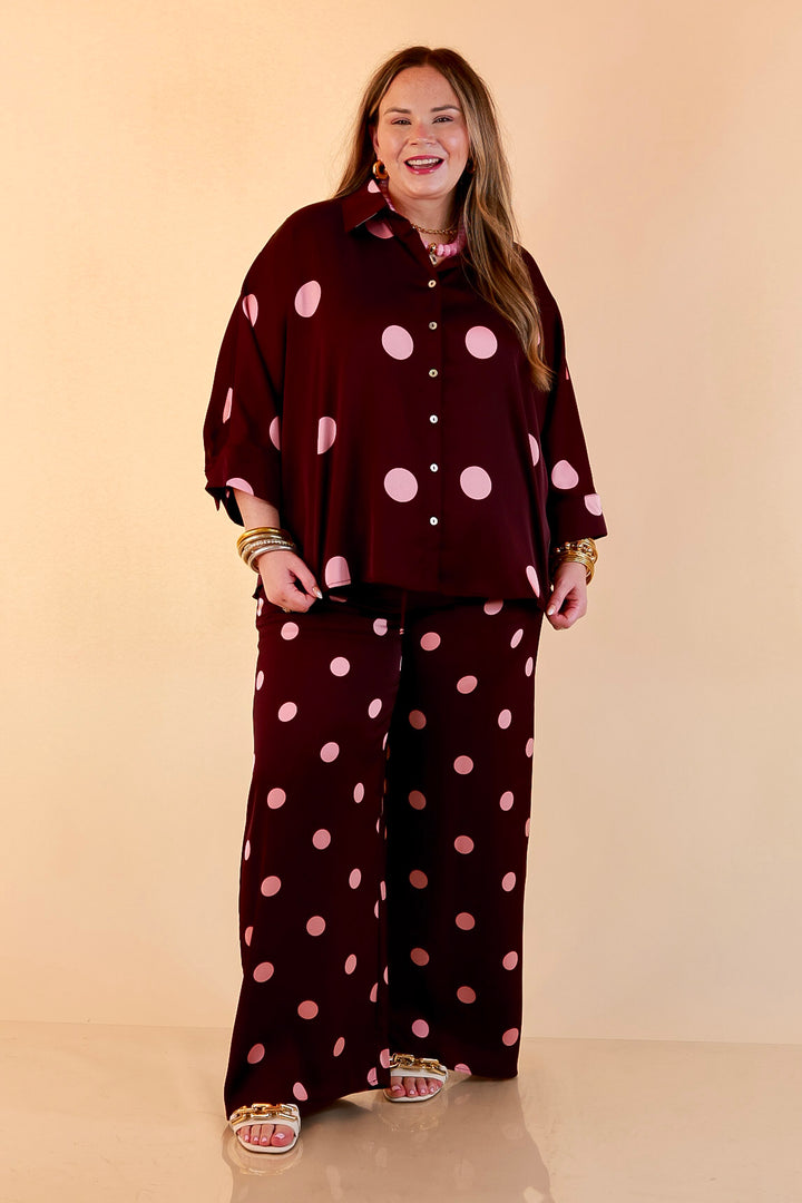 Two of a Kind Full Length Wide Leg Pull-On Drawstring Blush Pink Polka Dot Pants in Maroon