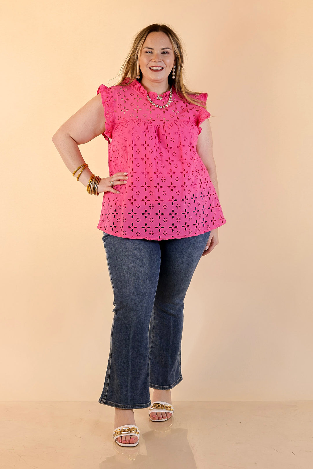 Mud Pie | Bloom with Joy Eyelet Ruffle Sleeve Top with Mock Neckline in Bright Pink