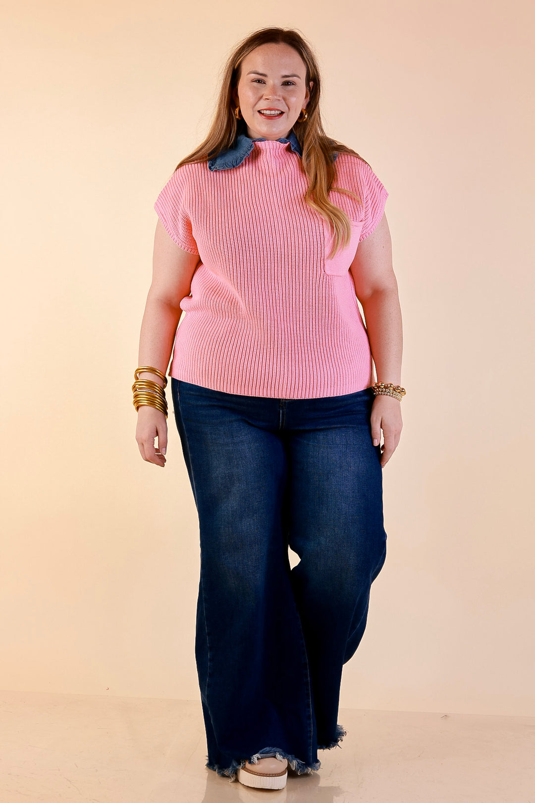 Repeat Ready Cap Sleeve Sweater with Front Pocket in Pink