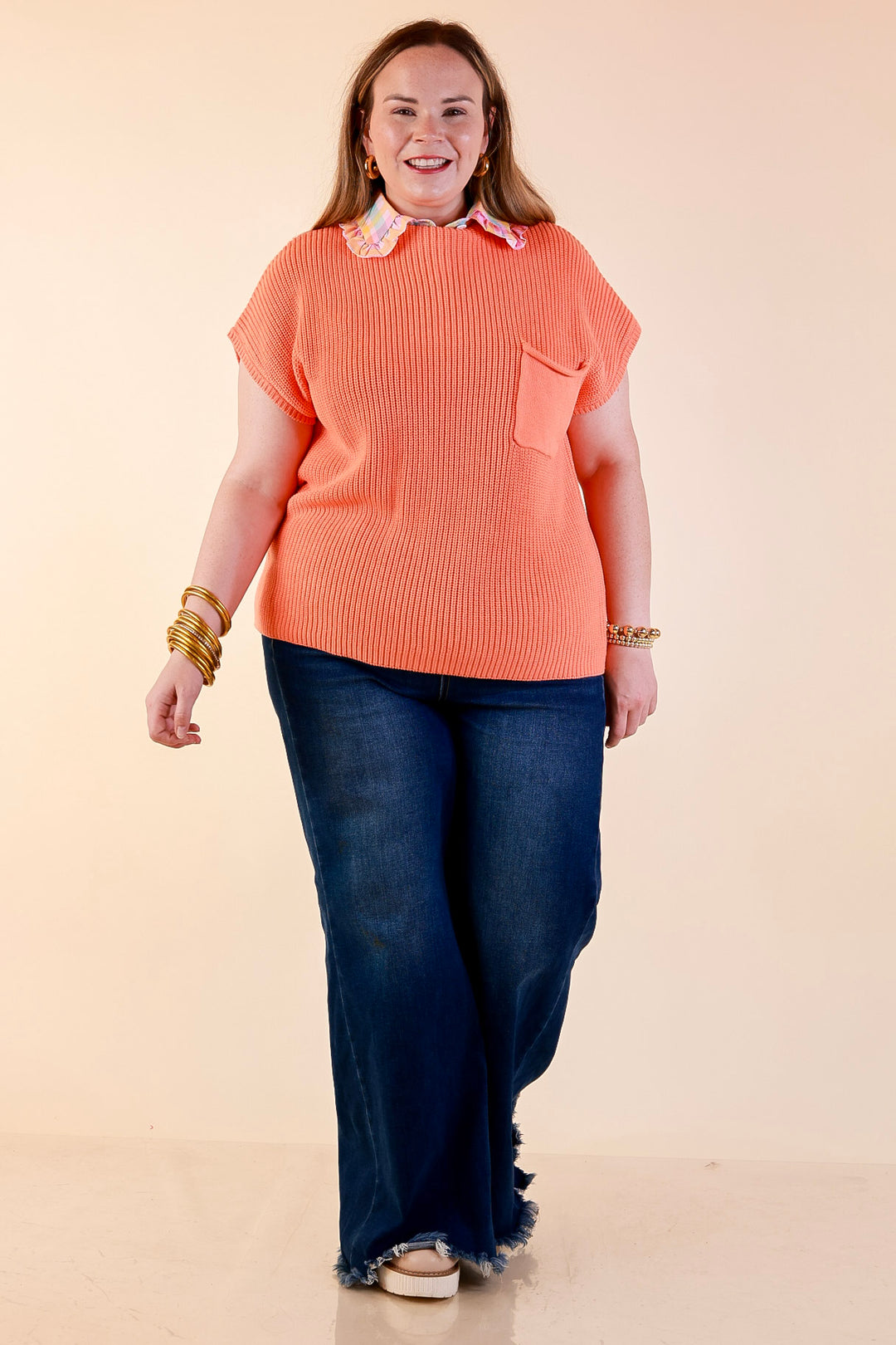 Repeat Ready Cap Sleeve Sweater with Front Pocket in Coral Orange