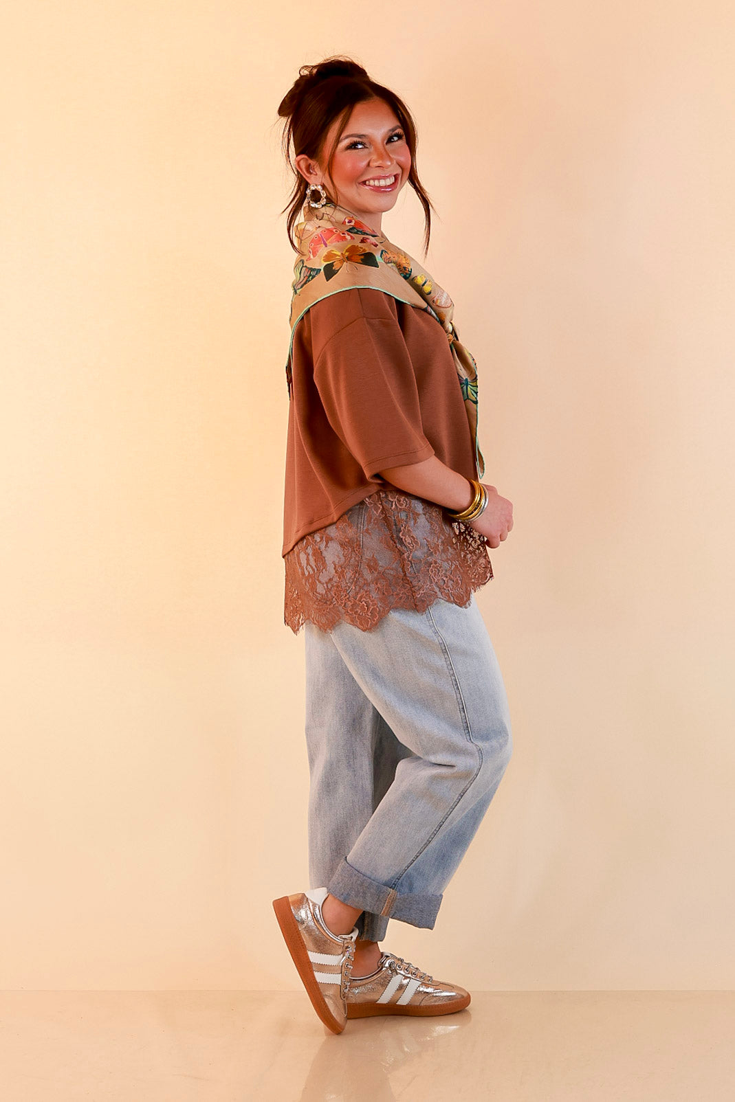 Laced with Charm Oversized Asymmetrical Lace Trim Boxy Top in Coco Brown