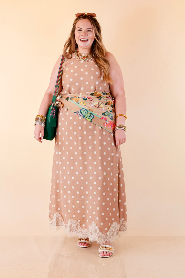 Sweet Little Something Polka Dot Sleeveless Maxi Dress with Lace Trim in Tan
