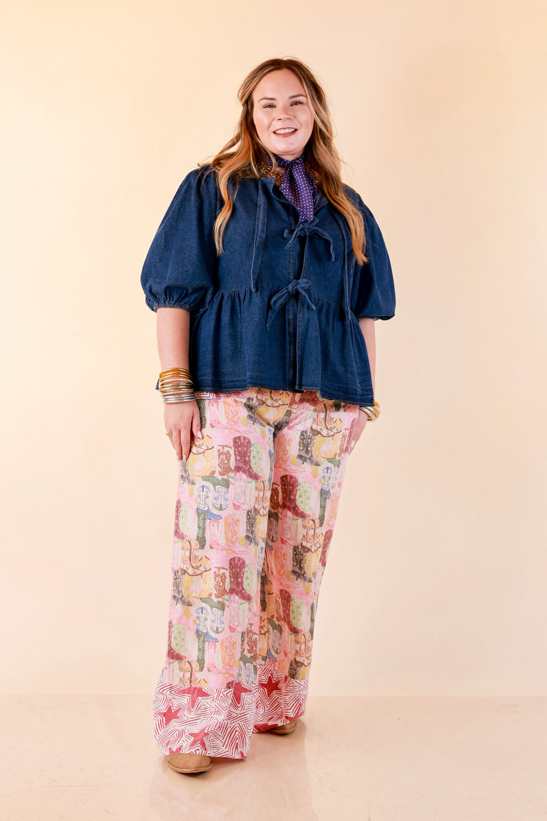 Pairs Well with Others Boots and Stars Mixed Print Drawstring Pants with Elastic Waistband in Red Mix