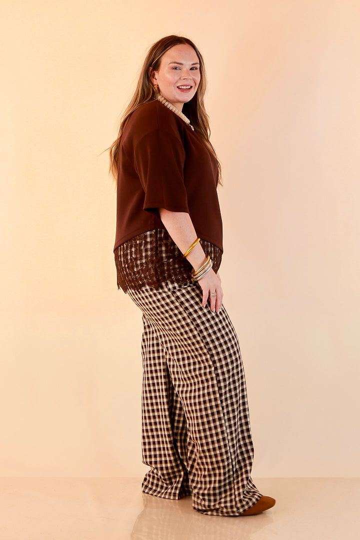 Laced with Charm Oversized Asymmetrical Lace Trim Boxy Top in Chocolate Brown
