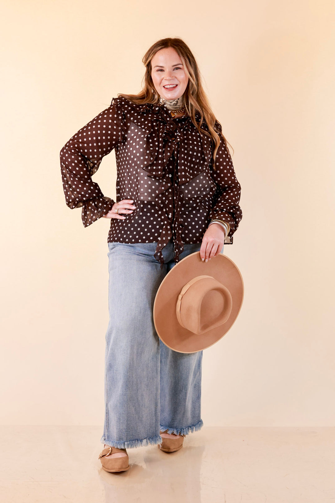 Finer Things Long Sleeve Sheer Ruffle Polka Dot Print Blouse with Balloon Sleeves in Chocolate Brown with White Dots