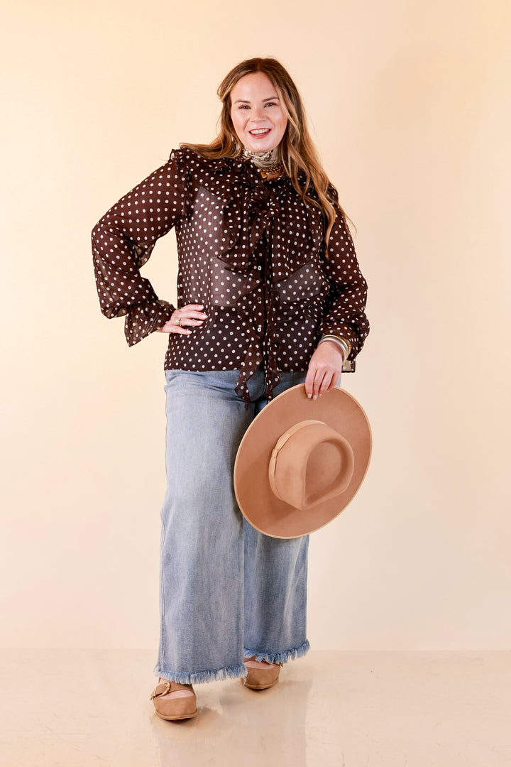 Finer Things Long Sleeve Sheer Ruffle Polka Dot Print Blouse with Balloon Sleeves in Chocolate Brown with White Dots