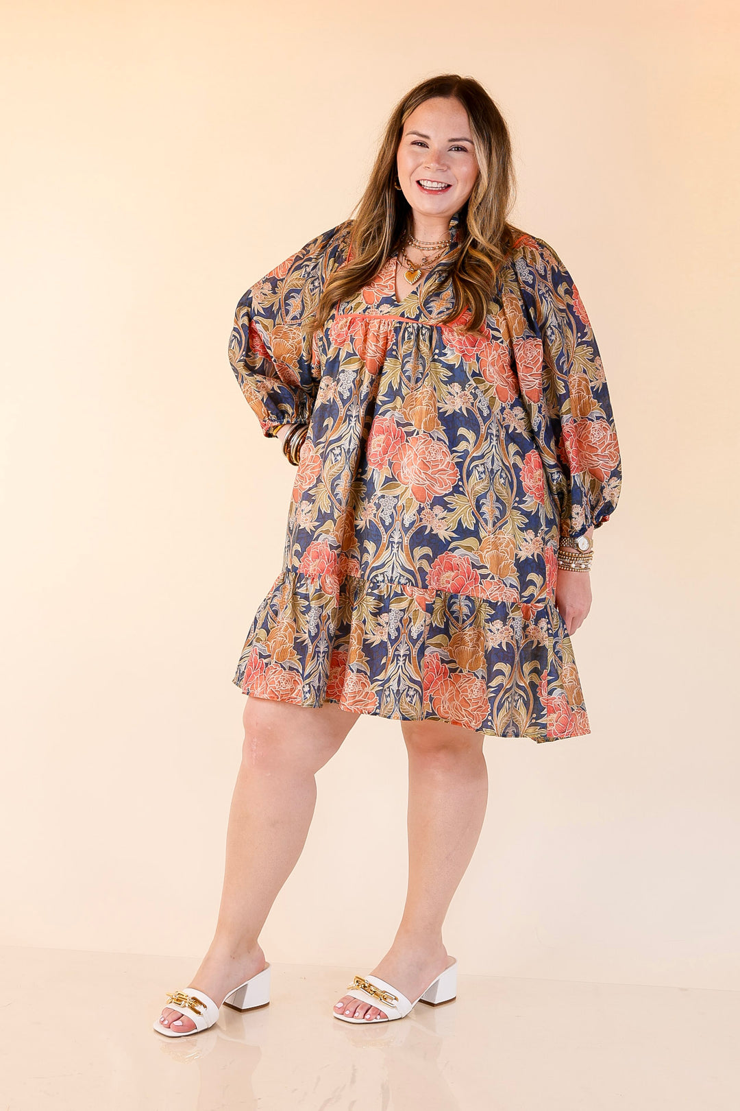 Blooming Days Ahead Floral Print V Neck Dress with Ruffle Trim Collar in Navy Mix