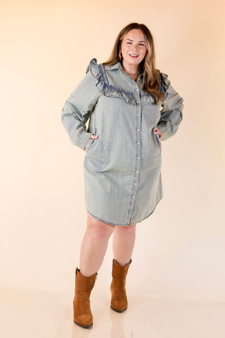 Blue Jean Beauty Denim Dress with Pockets and Ruffle Trim in Medium Wash