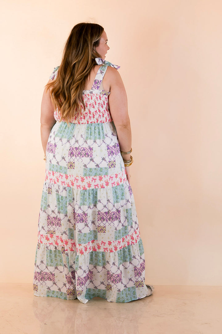 Simply Southern | Spring Symphony Patchwork Print Smocked Maxi Dress with Shoulder Ties and Tiered Skirt in Multi Floral