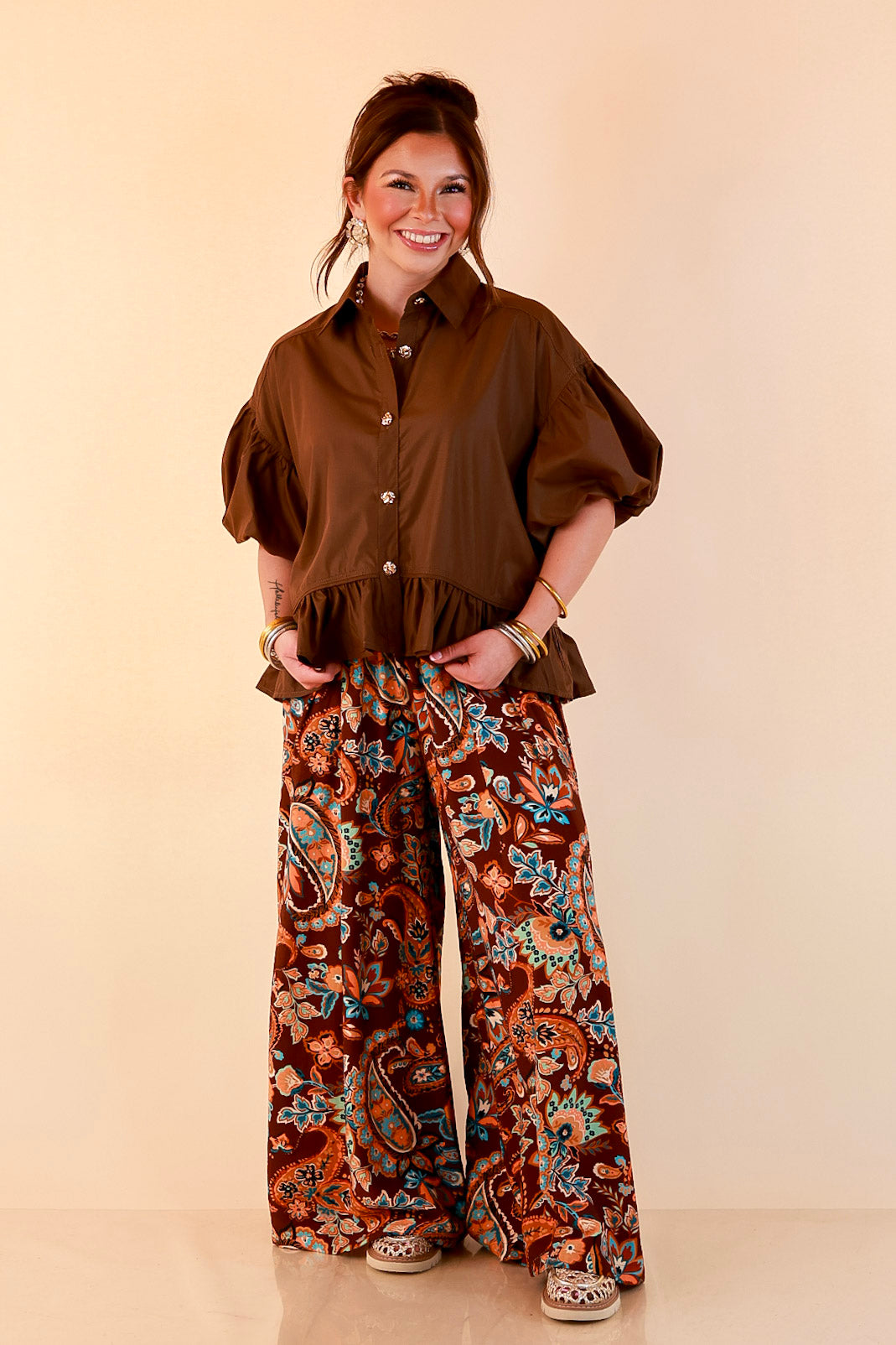Free to Be Paisley Print Wide Leg Elastic Waist Pants in Chocolate Brown