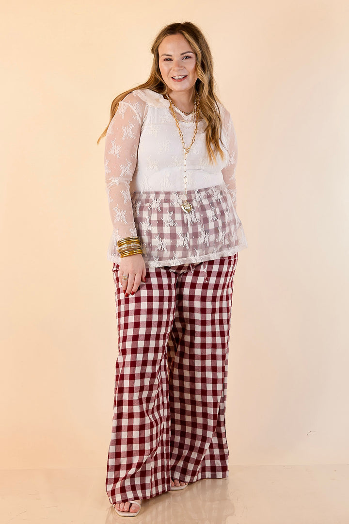 Pairs Well with Others Gingham Print Drawstring Pants with Elastic Waistband in Ivory and Maroon