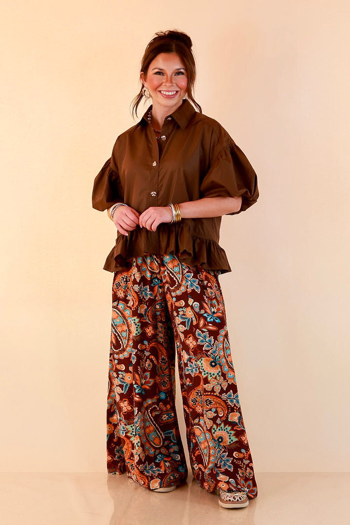 Style in Session Solid Button Down Peplum Bubble Sleeve Top in Chocolate Brown