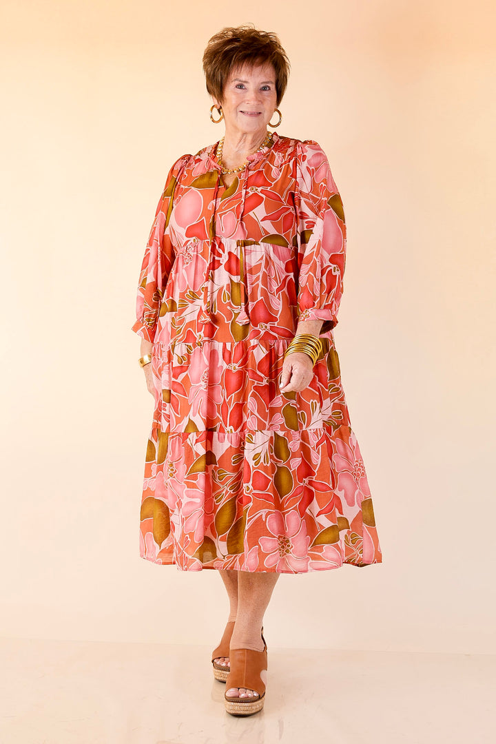 Budding Beauty Floral Print Midi Dress in Pink and Olive Green Mix