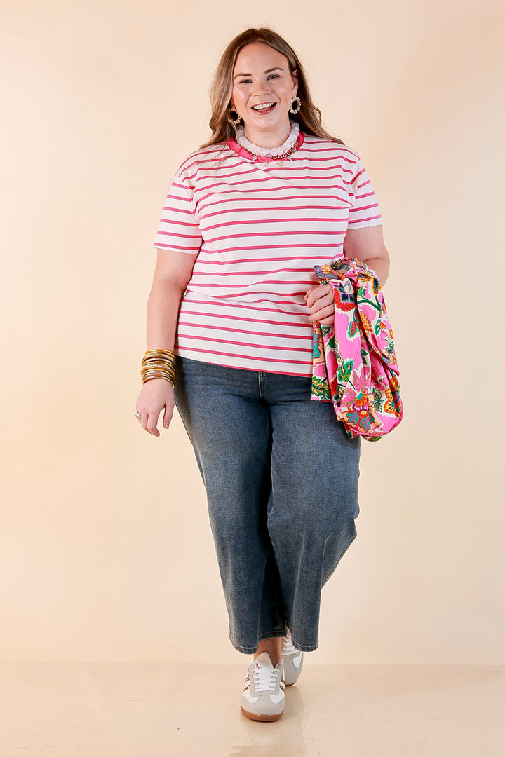 The Daily Stripe Scoop Neck Short Sleeve Striped Tee Top in Hot Pink