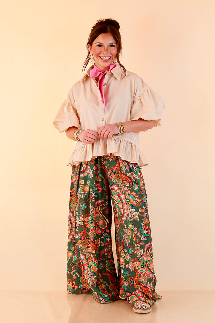 Style in Session Solid Button Down Peplum Bubble Sleeve Top in Ivory