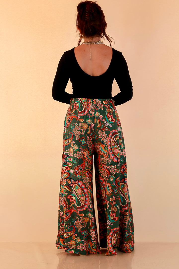 Free to Be Paisley Print Wide Leg Elastic Waist Pants in Olive Green