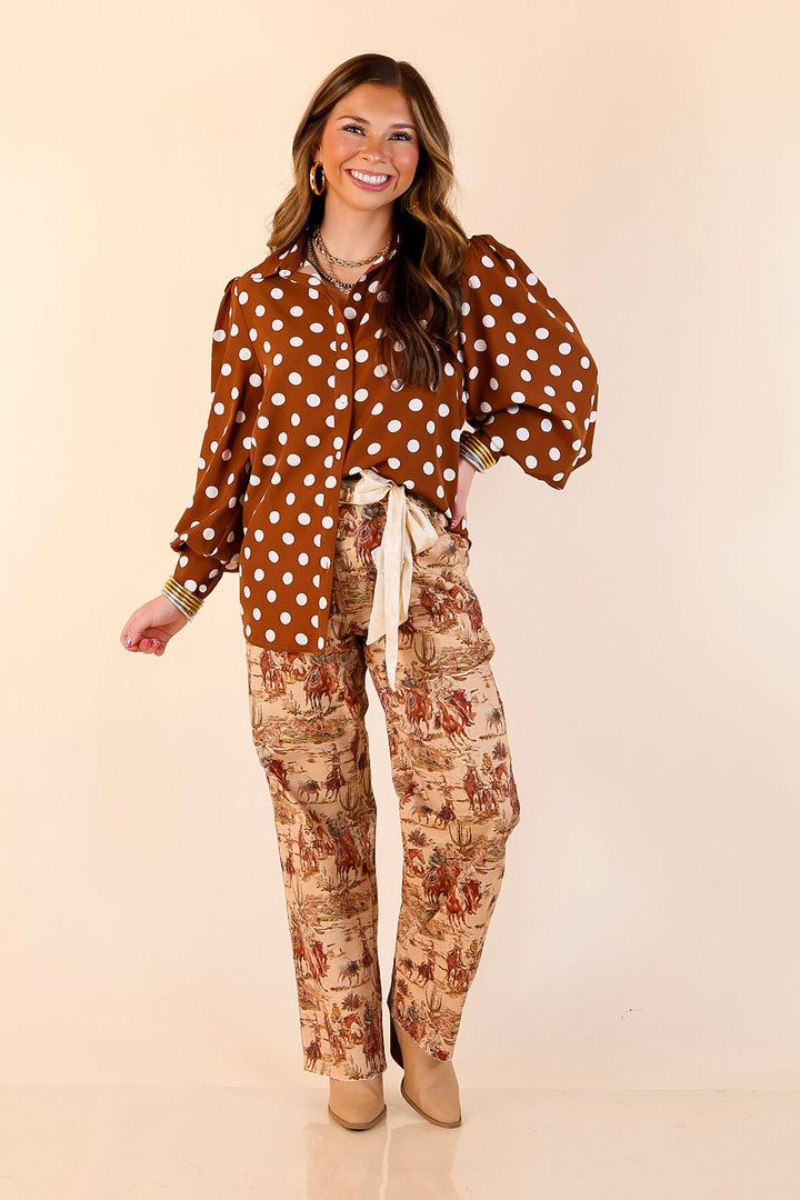 Better Together Polka Dot Button Up Collared Top with Poofy Sleeves in Brown