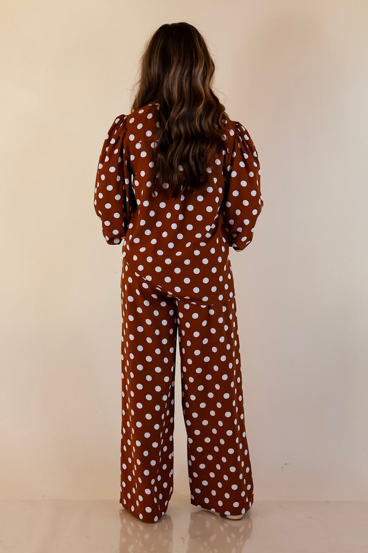 Better Together Polka Dot Button Up Collared Top with Poofy Sleeves in Brown