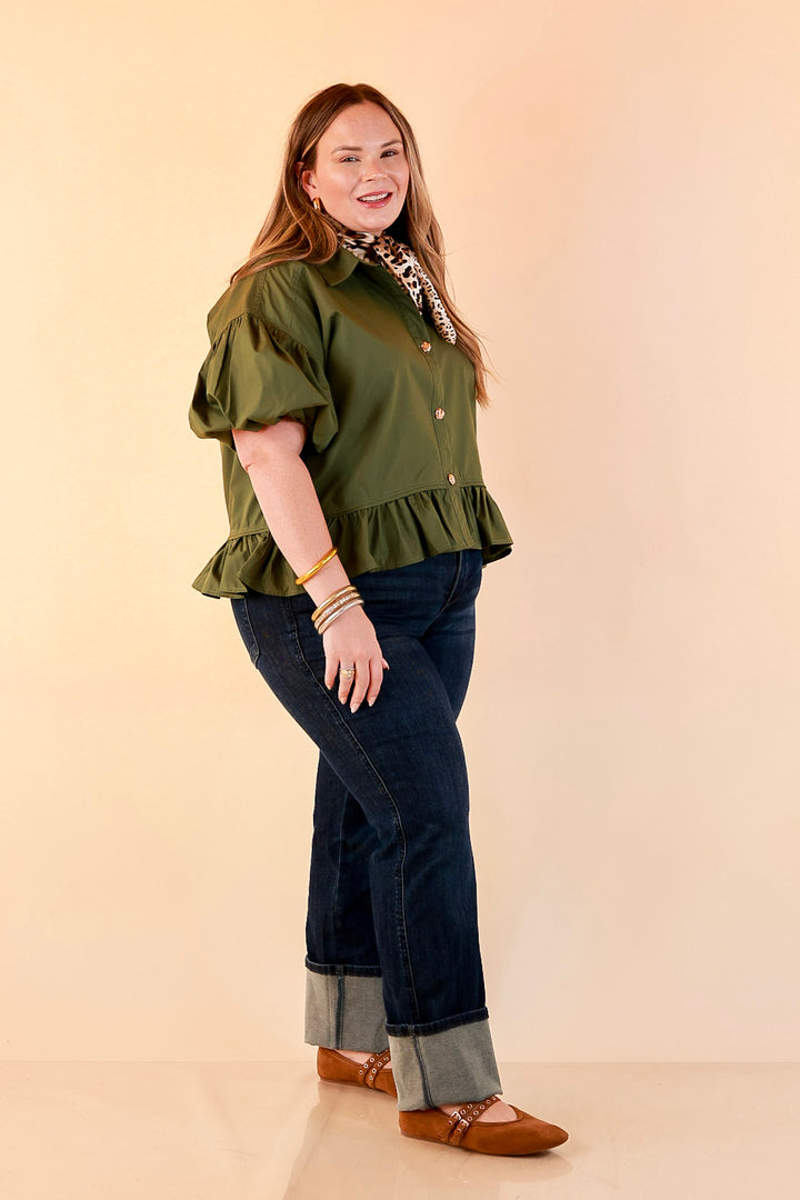 Style in Session Solid Button Down Peplum Bubble Sleeve Top in Olive Green