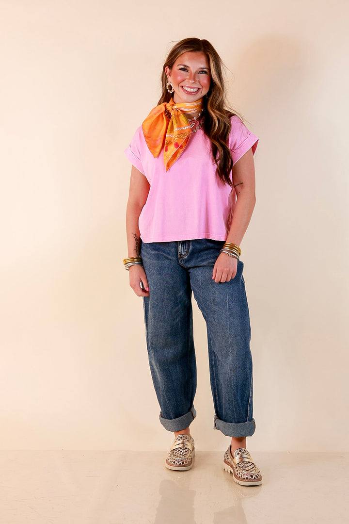 Easy Chic Mineral Washed Short Sleeve Cropped Tee in Candy Pink