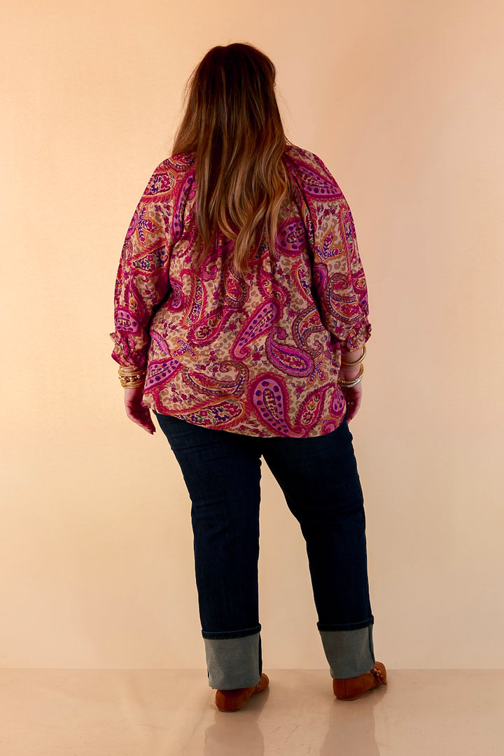 Caught My Eye Ruffle Contrast Stripe Detail Neck Balloon Sleeve Paisley Print Blouse in Fuchsia Pink Multi