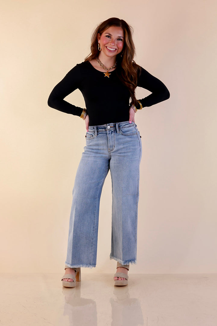 Judy Blue | Lighten the Mood Release Hem Cropped Wide Leg Jeans in Light Wash