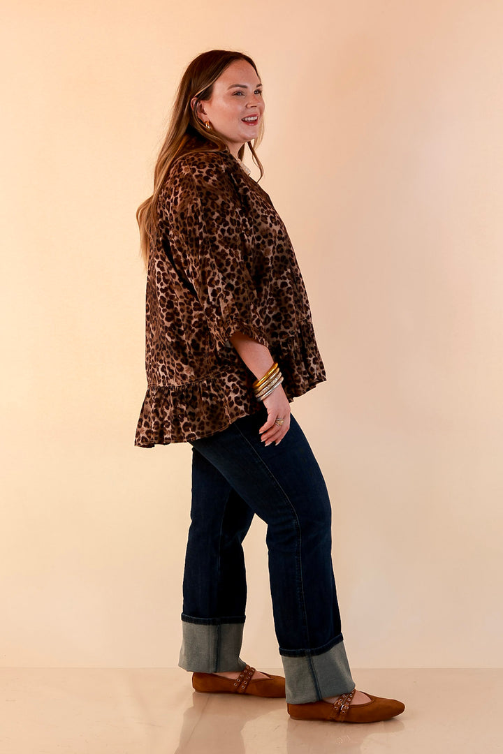 Quite the Impression Collared Button Front Leopard Print Peplum Top in Brown Multi