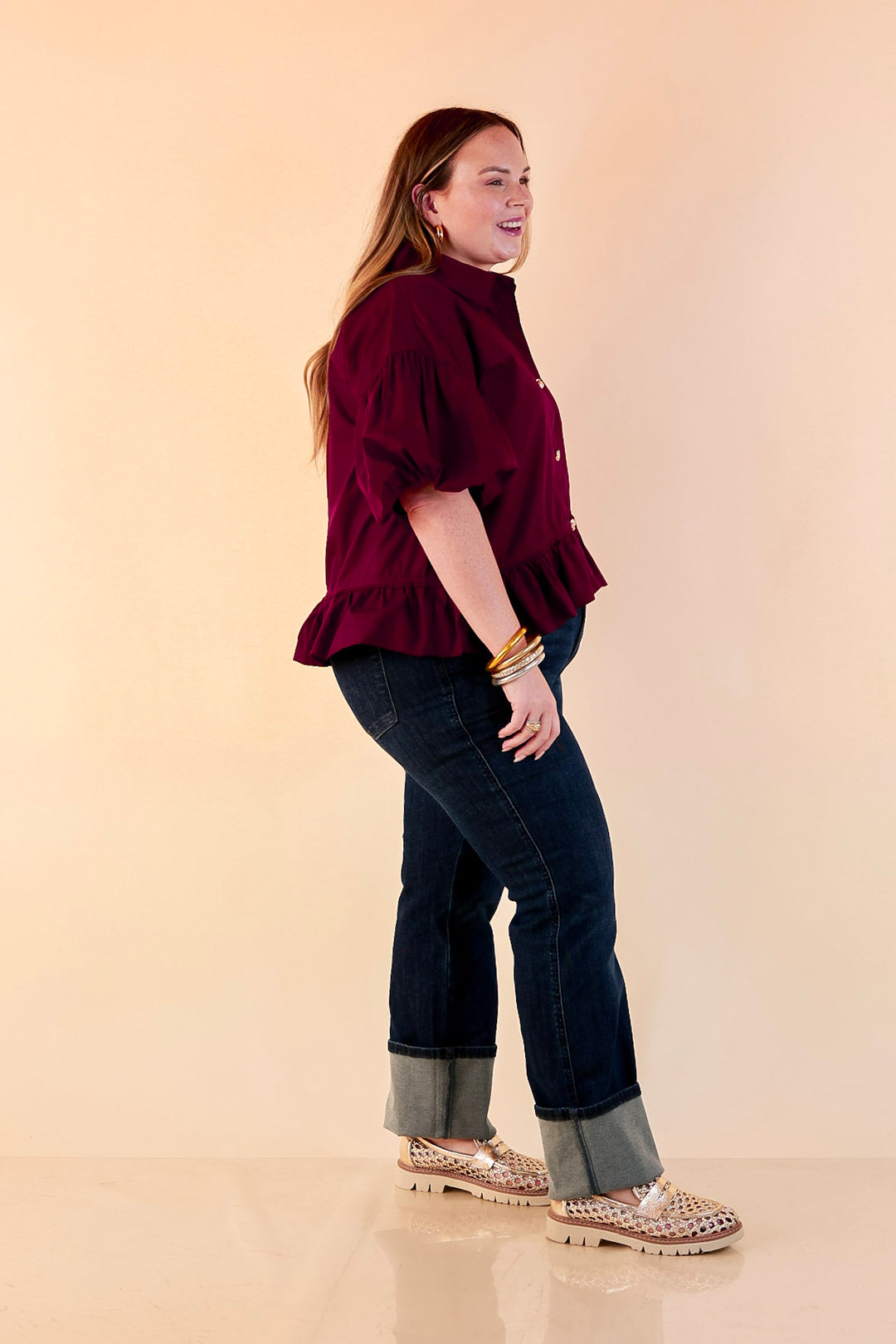 Style in Session Solid Button Down Peplum Bubble Sleeve Top in Maroon