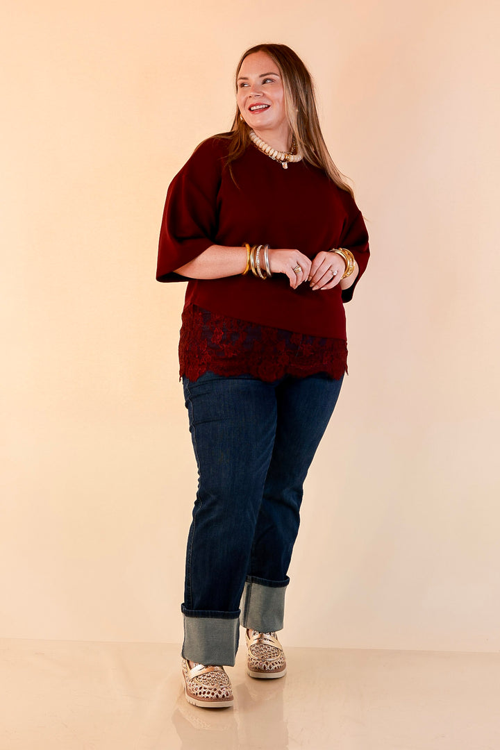 Laced with Charm Oversized Asymmetrical Lace Trim Boxy Top in Maroon