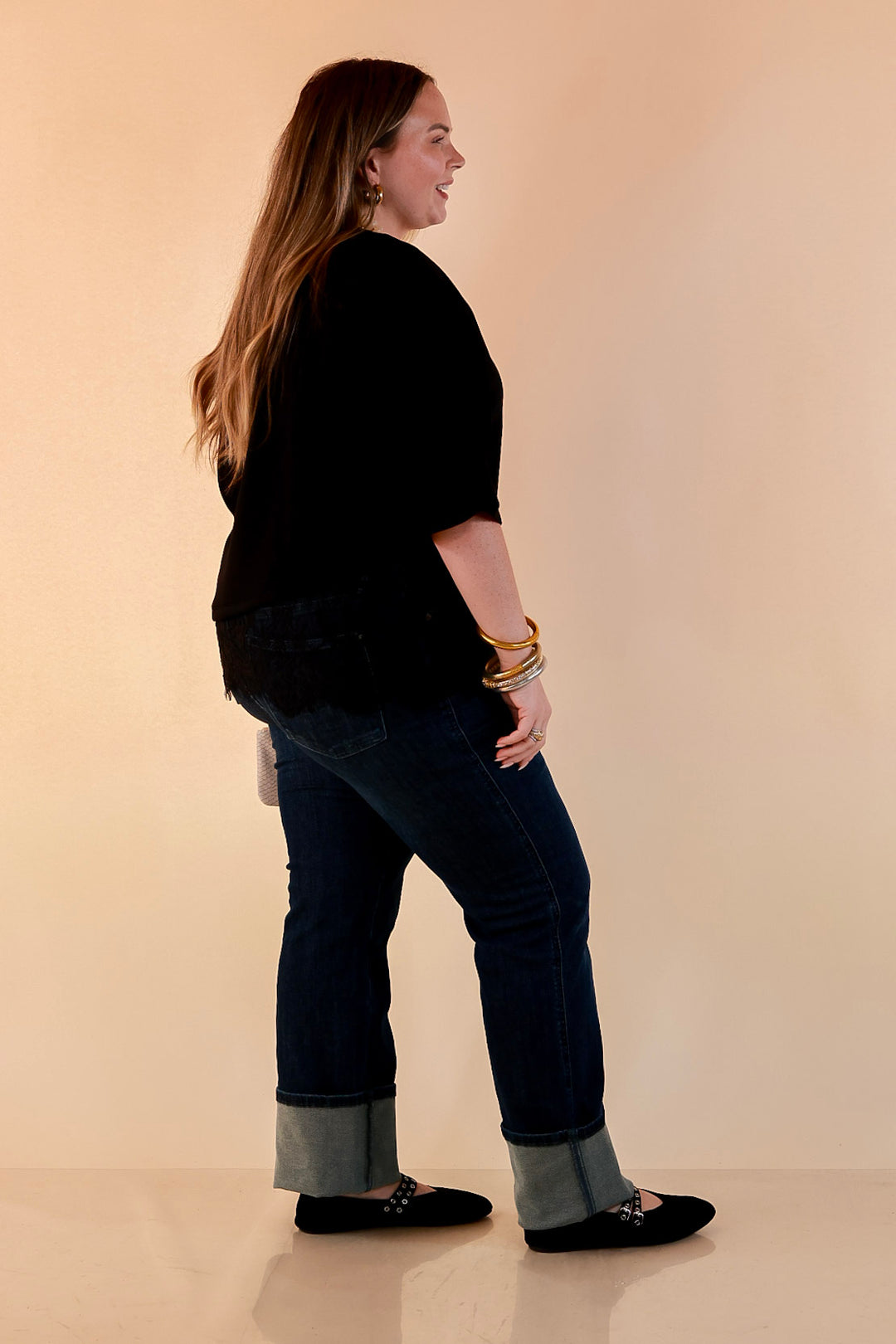 Laced with Charm Oversized Asymmetrical Lace Trim Boxy Top in Black