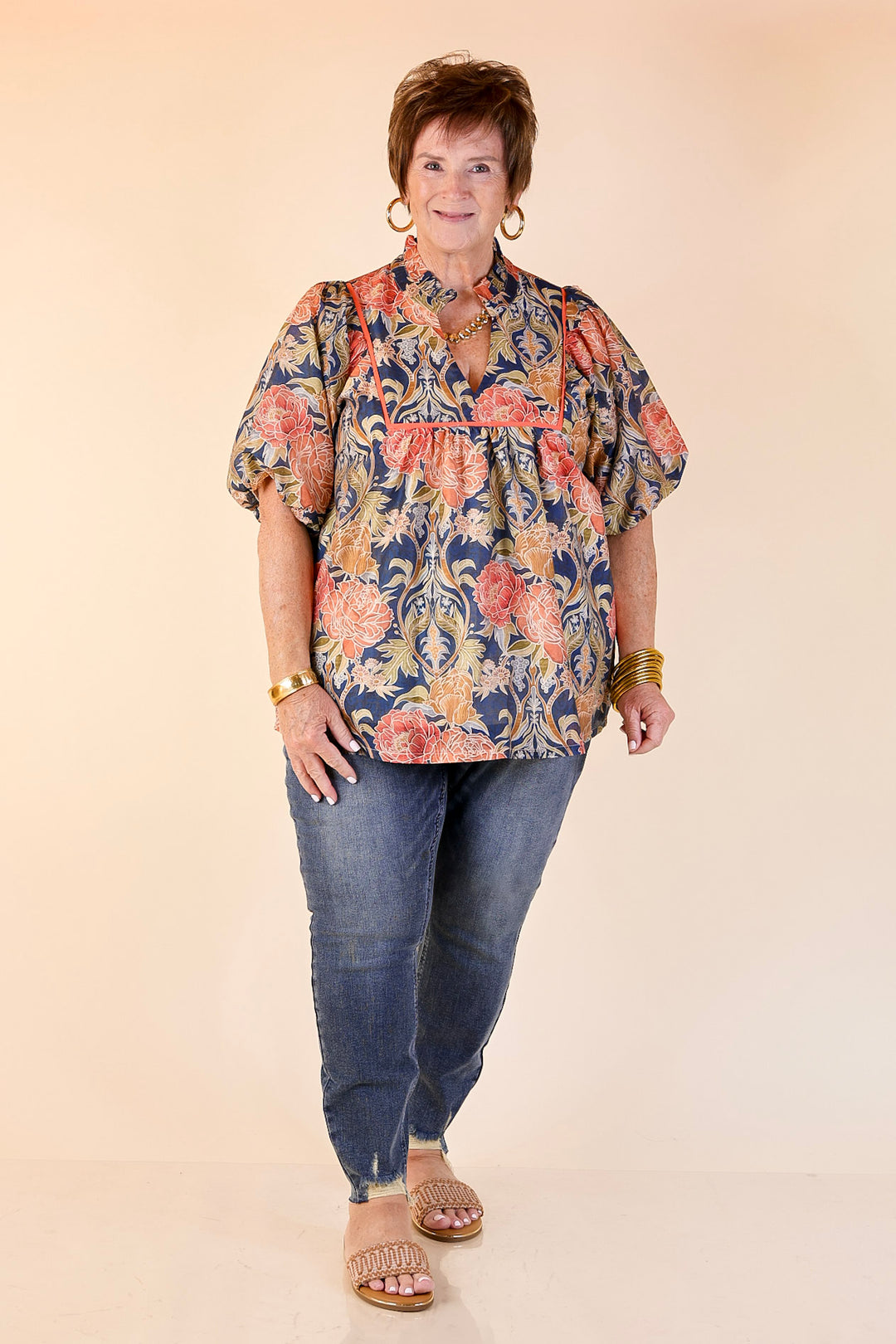 Blooming Days Ahead Floral Print V Neck Blouse with Puff Sleeves and Ruffle Trim Collar in Navy Mix