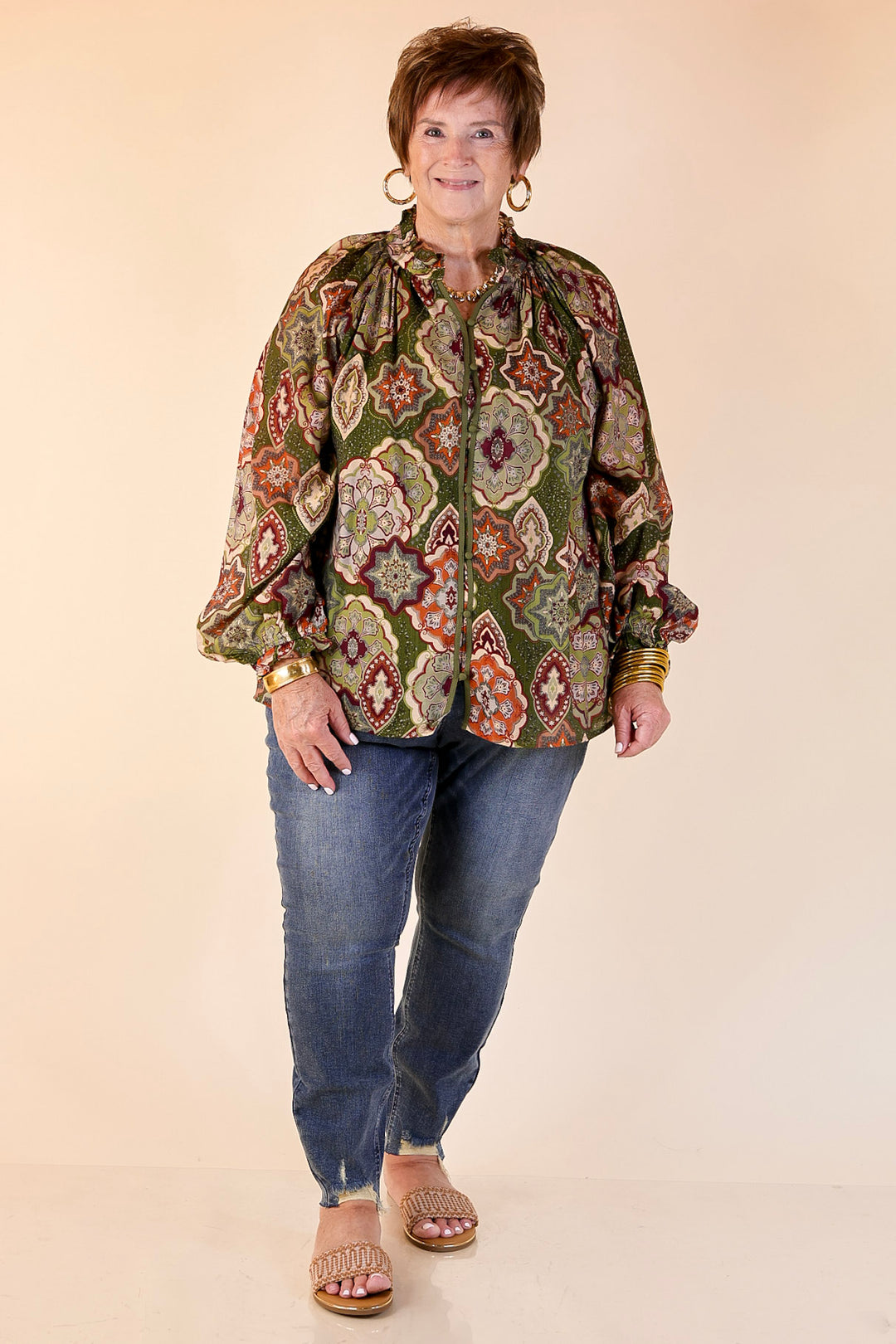 Mosaic Muse Boho Mosaic Print Long Balloon Sleeve Blouse in Olive Green, Maroon and Rust Orange