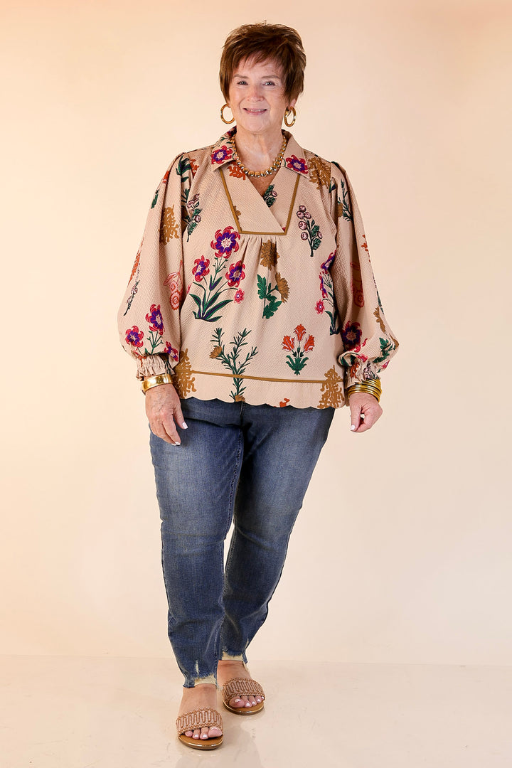 Garden Soirée Floral Print Collared Blouse with Long Balloon Sleeves in Tan